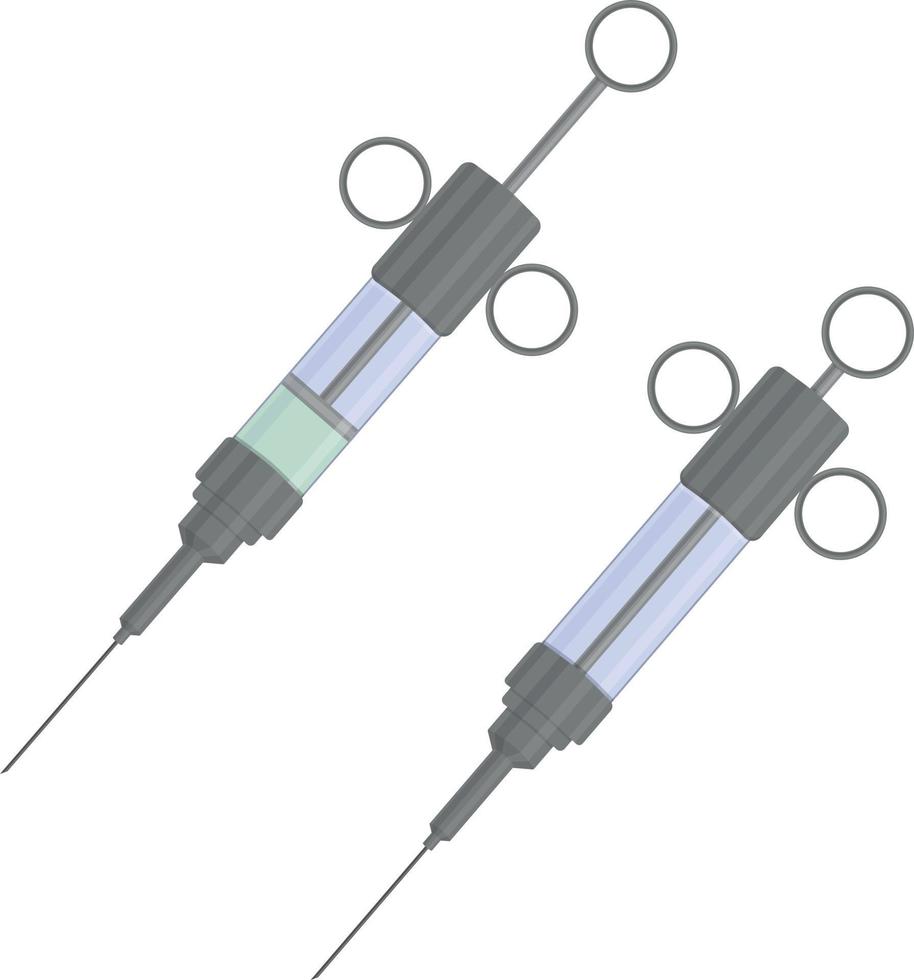 dois metal Antiguidade médico seringas. uma vidro seringa com remédio e vazio. vintage médico equipamento para injeções e vacinas. vetor ilustração em uma branco fundo