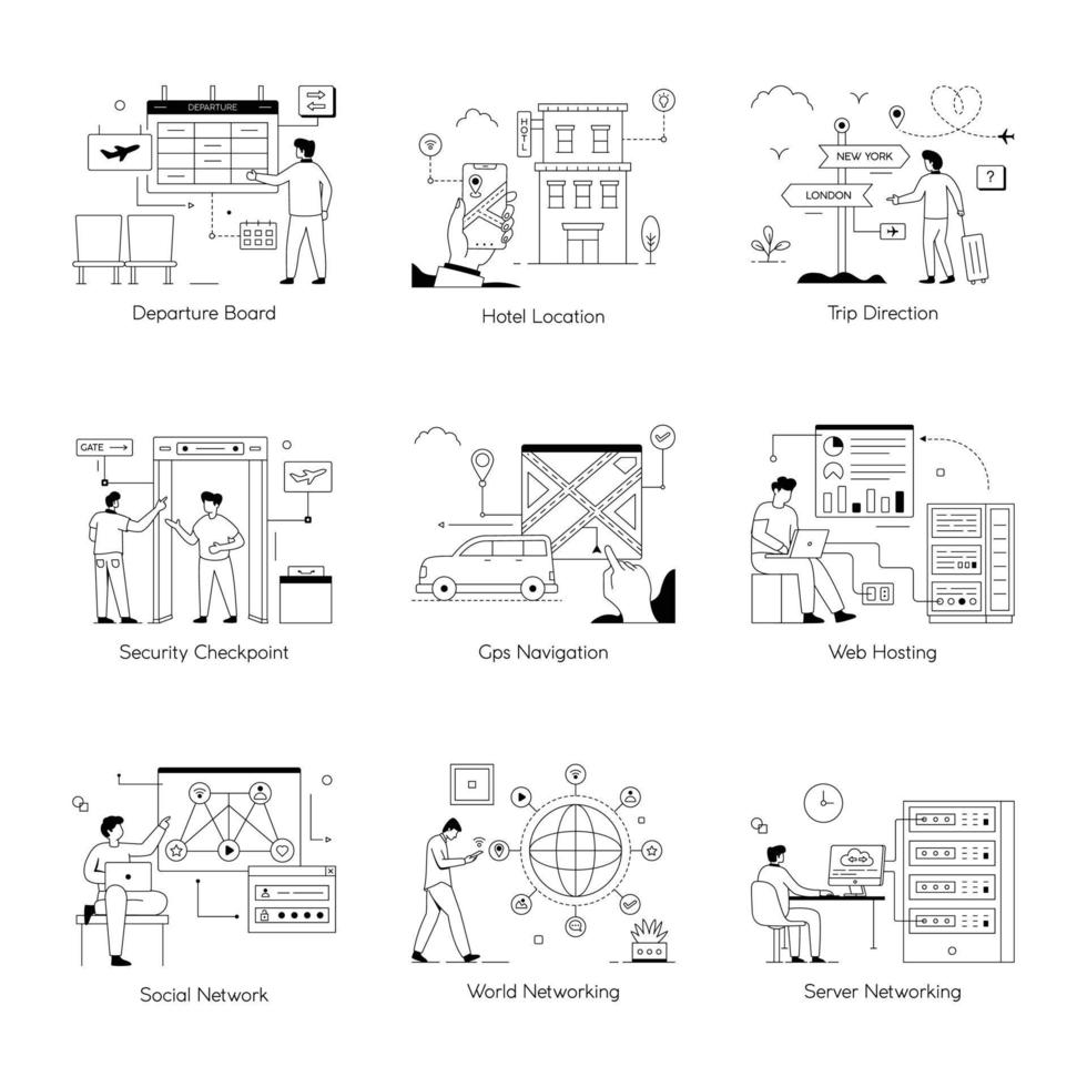viagem e rede hospedagem linear ilustrações vetor