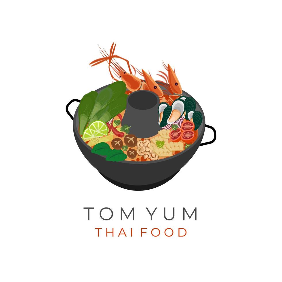 tom yum vetor ilustração logotipo tailandês Comida servido em uma vapor barco fritar panela