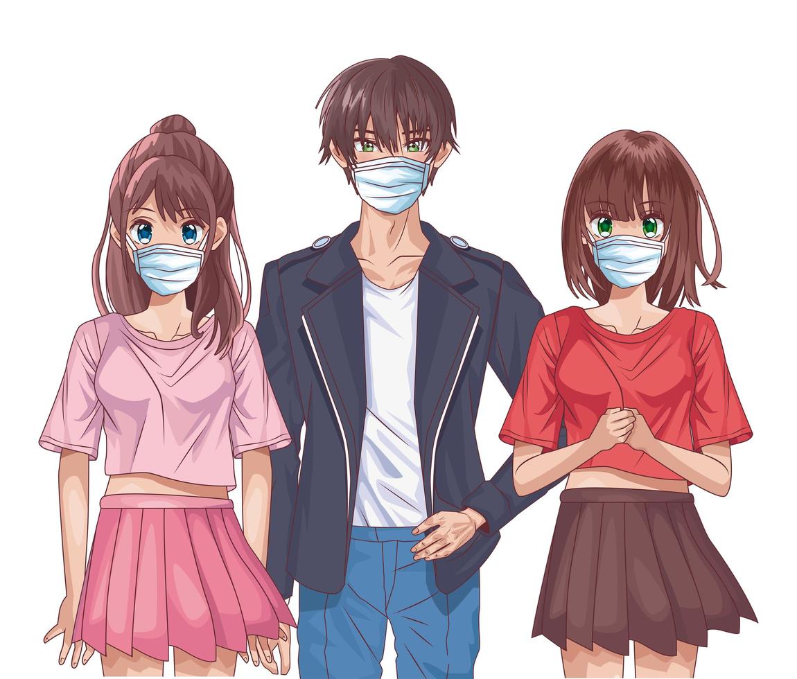 jovens usando máscaras faciais personagens de anime vetor