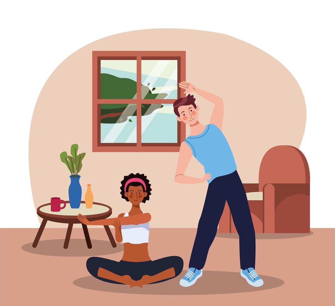casal interracial praticando exercícios em casa vetor