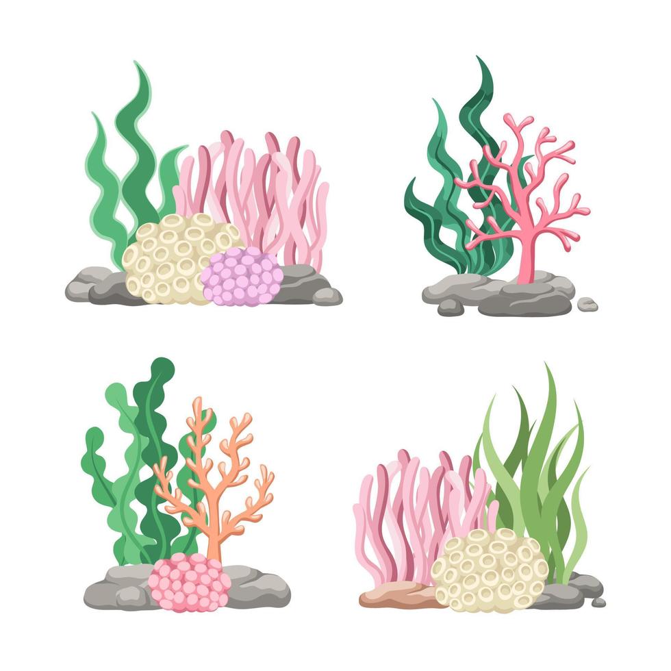 conjunto do coral recifes com algas, algas marinhas e pedras dentro vários tipos desenho animado ilustração vetor