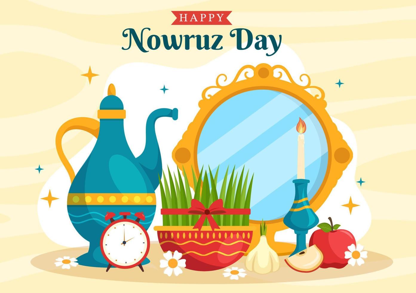 feliz nowruz dia ou iraniano Novo ano ilustração com Relva semeni e peixe para rede bandeira ou aterrissagem página dentro plano desenho animado mão desenhado modelos vetor