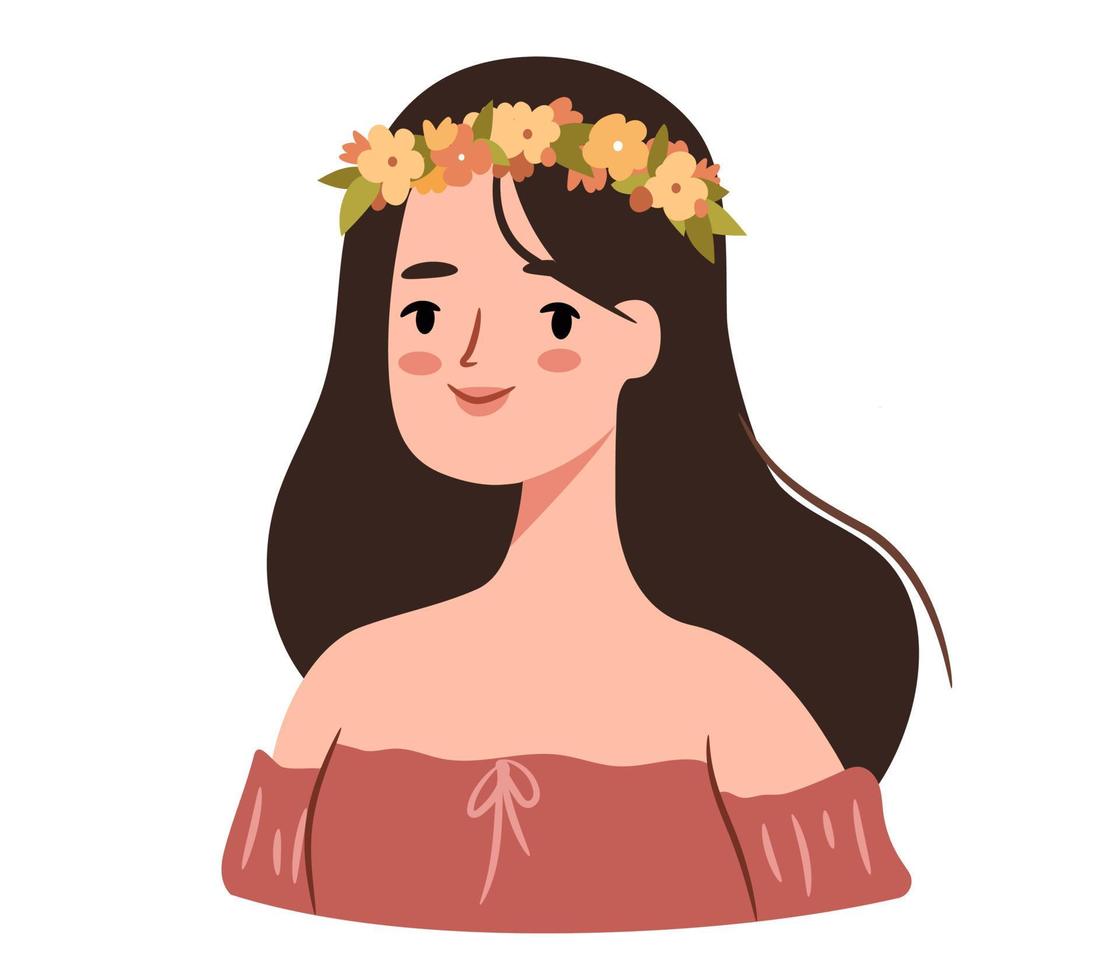 menina dentro uma floral guirlanda. jovem mulher vestindo uma flor cabelo decoração. vetor retrato