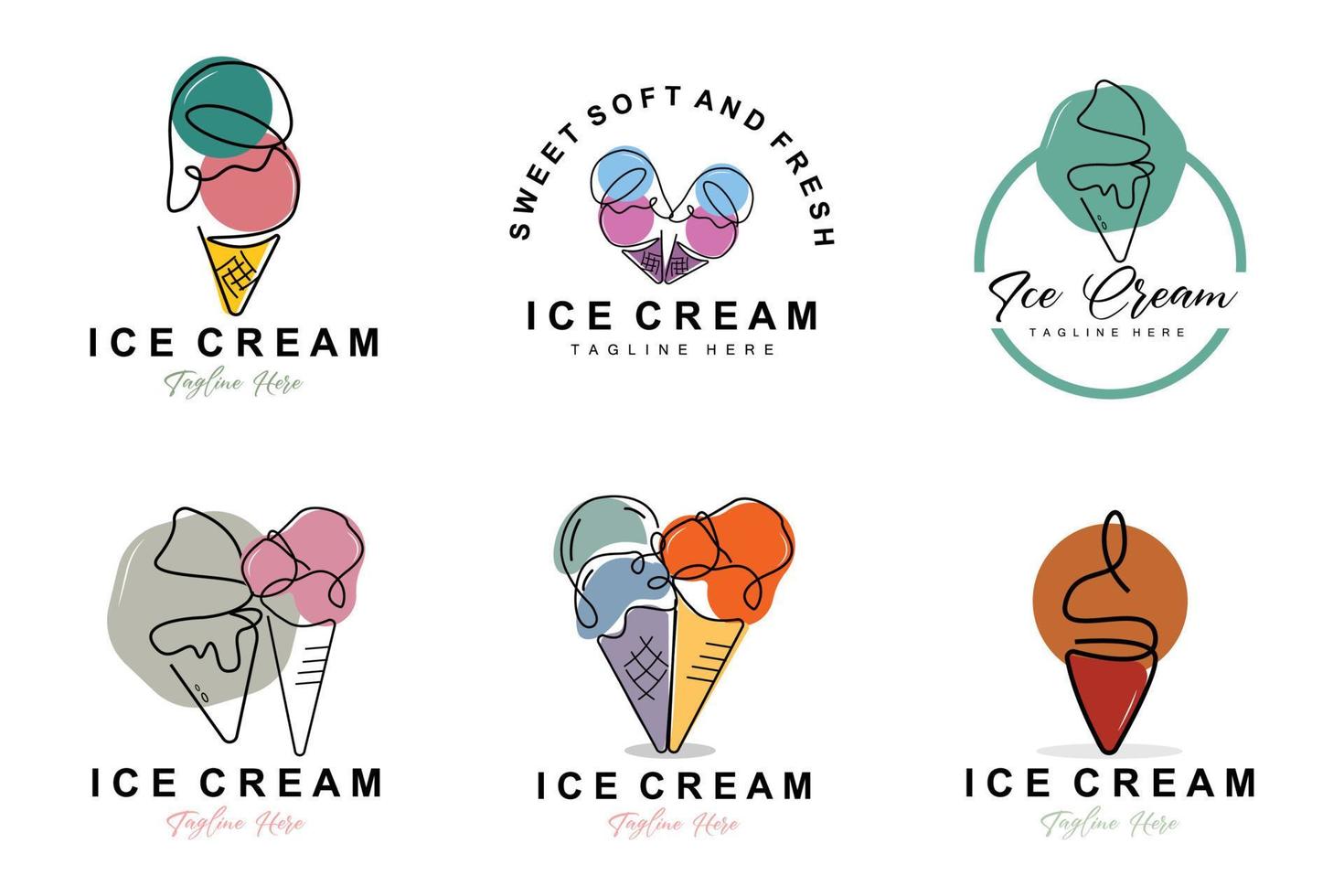 design de logotipo de sorvete, ilustração de comida fria e doce fresca, vetor favorito das crianças, marca de produto