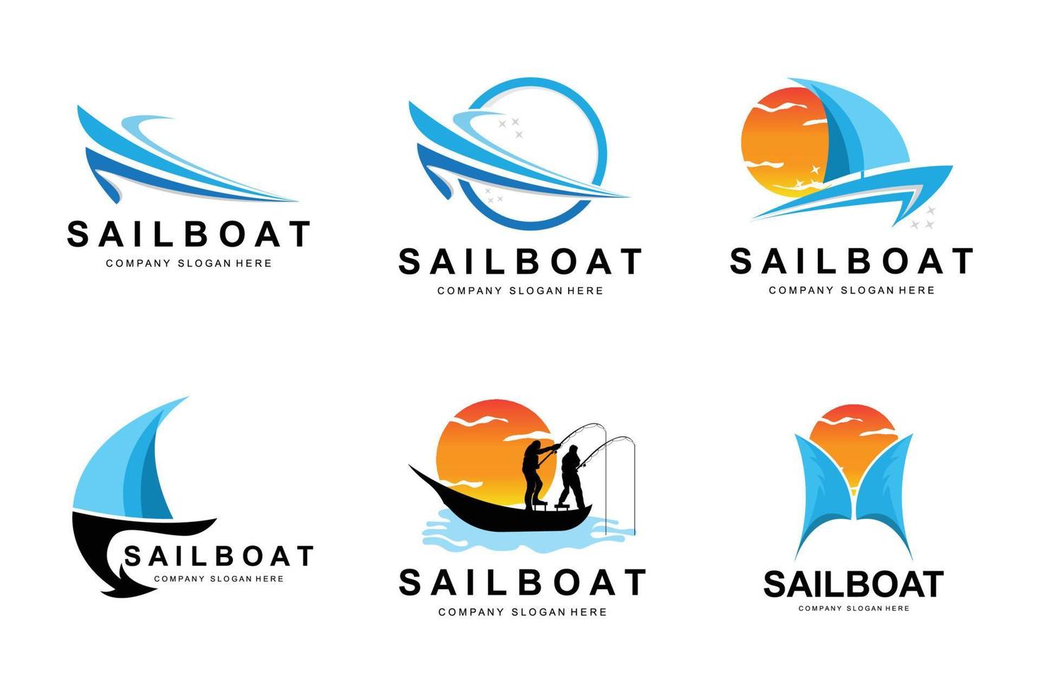 design de logotipo de veleiro, ilustração de barco de pesca, ícone de vetor de marca de empresa de barco de pesca, design de loja de barcos, peixaria, transporte