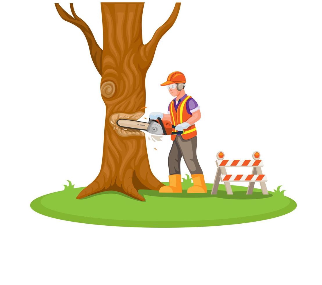 construção trabalhador cortar árvore com motosserra. árvore exploração madeireira atividade desenho animado ilustração vetor