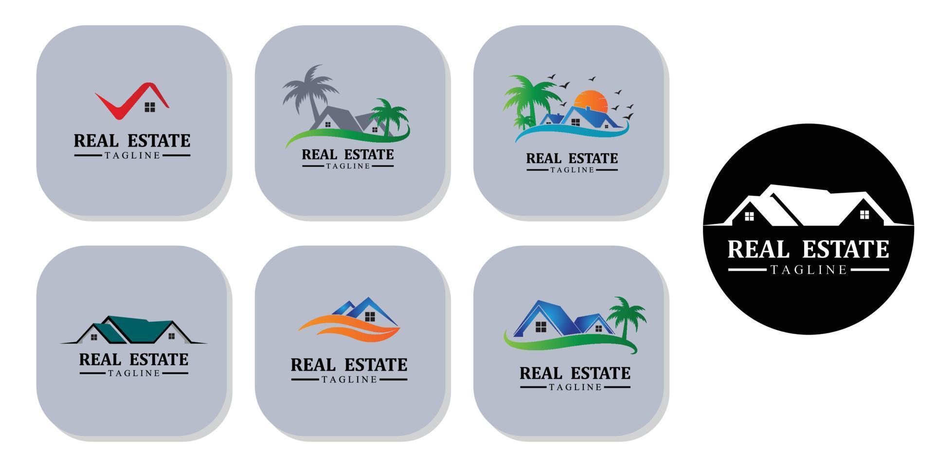 ícones de design de logotipo imobiliário com sol e pássaros grátis vetor