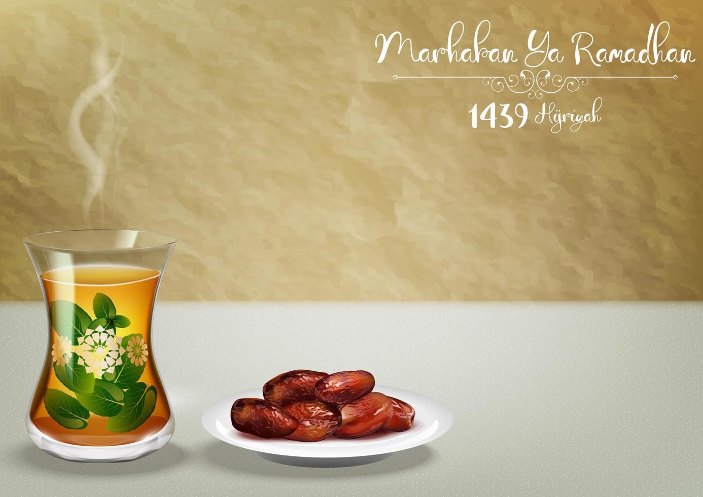 marhaban sim ramadã. iftar festa celebração com tradicional chá copo e uma tigela do datas vetor