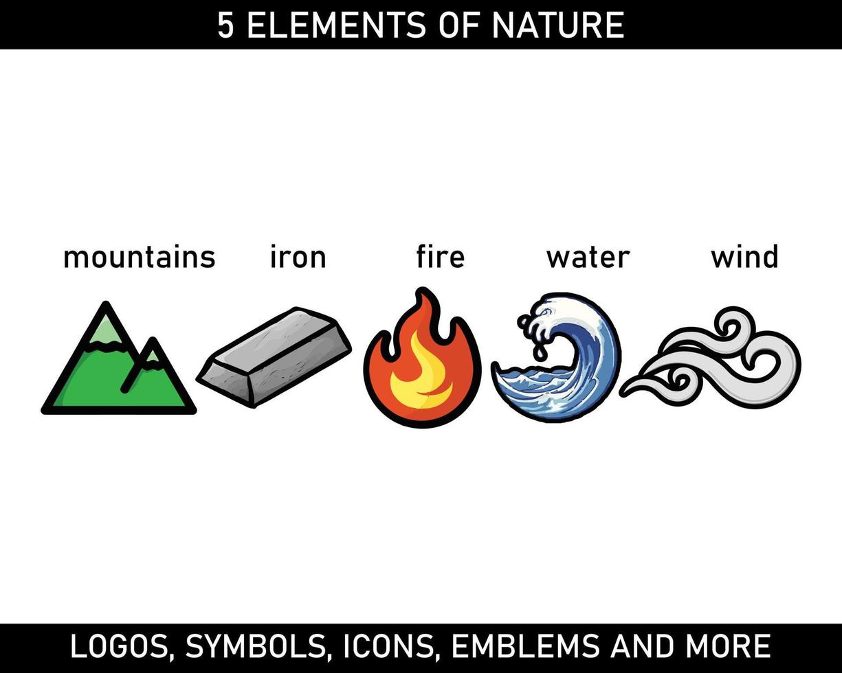 cinco elementos natureza vetor ícone. montanhas, ferro, fogo, água e vento