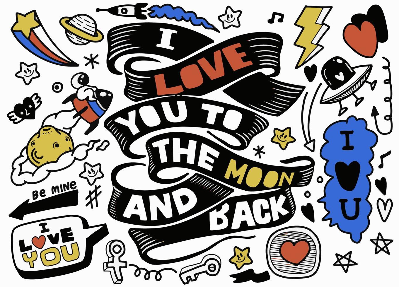Eu amor você para a lua e voltar. desenhado à mão letras citar com galáxia ilustrações. vetor