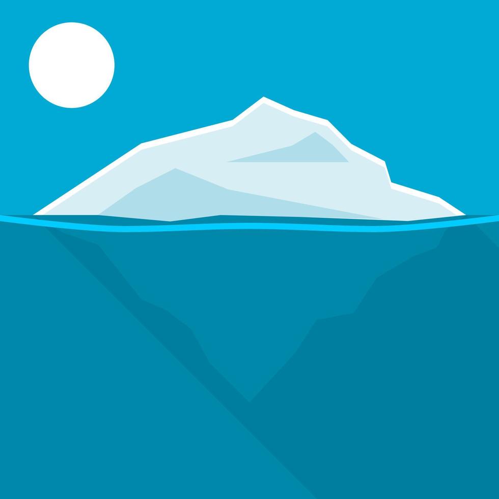 iceberg ou gelo montanha flutuando em azul oceano mar com Sol plano vetor Projeto.