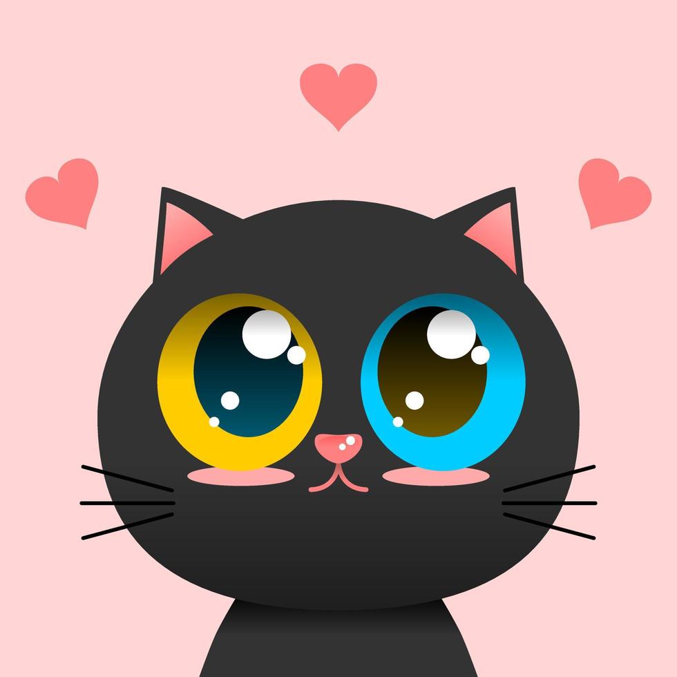 fofa adorável Preto gato amarelo e azul olho com Rosa coração adesivo conceito amor namorados dia desenho animado personagem vetor Projeto.