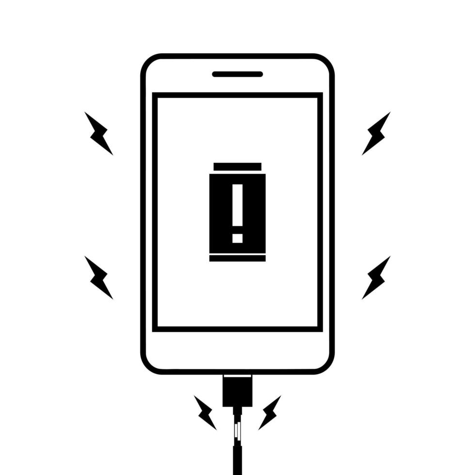 quebrado estragado Smartphone carregador cabo curto o circuito com faíscas em branco fundo Preto ícone esboço vetor. vetor