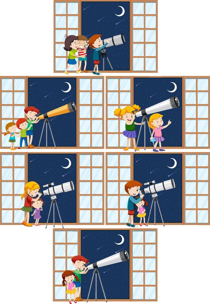 conjunto de crianças diferentes observam o céu noturno com telescópio vetor