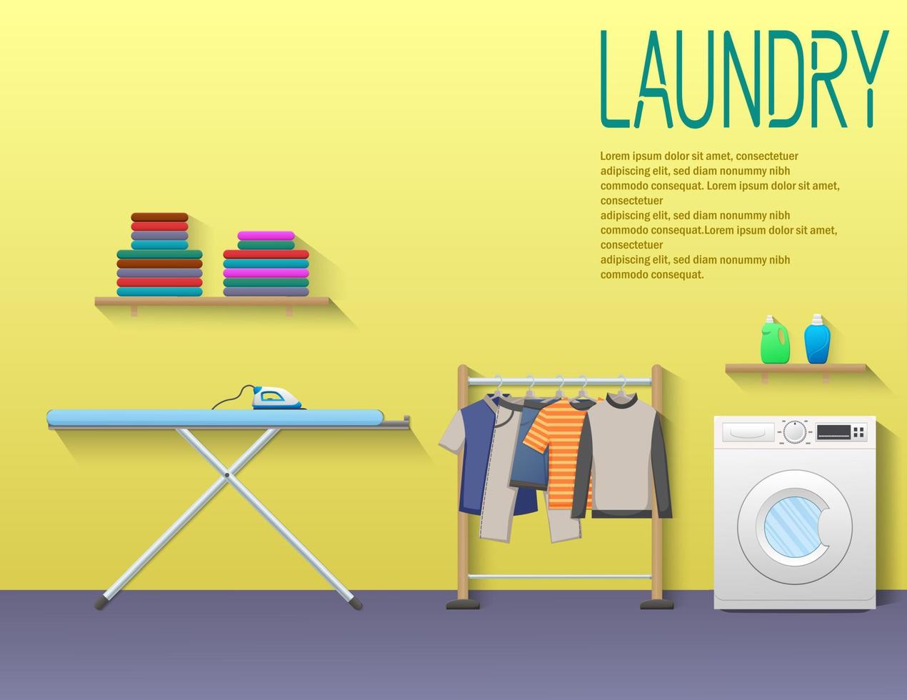 lavanderia quarto ilustração com lavando máquina, passar roupa quadro, roupas prateleira vetor