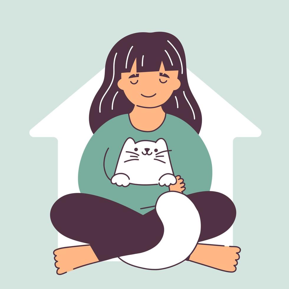 casa doce casa conceito plano vetor desenho animado fofa ilustração. feliz menina abraços gato sentado com ele. amor para lar. casa é Onde seu gato é