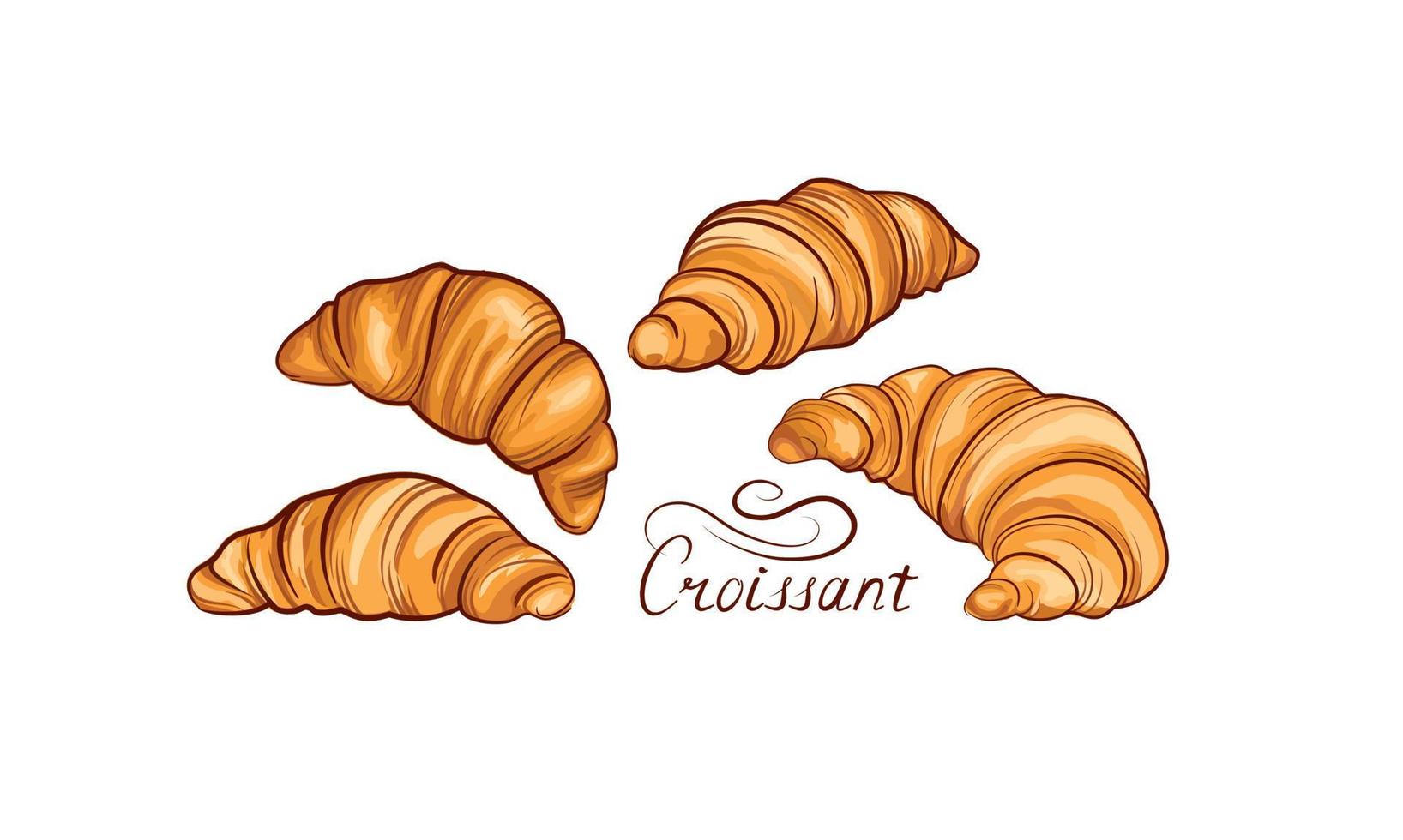 conjunto de ícones de comida francesa de croissant. arte de linha de desenho de mão de comida de padaria sobre fundo branco. bolo para banner de café da manhã vetor