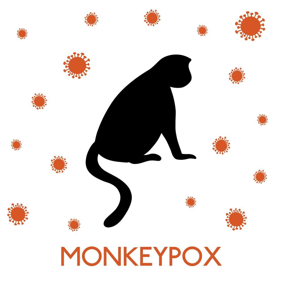 vetor ilustração do macaco Preto silhueta e vírus células dentro plano estilo isolado em branco fundo. varicela vírus doença conceito.