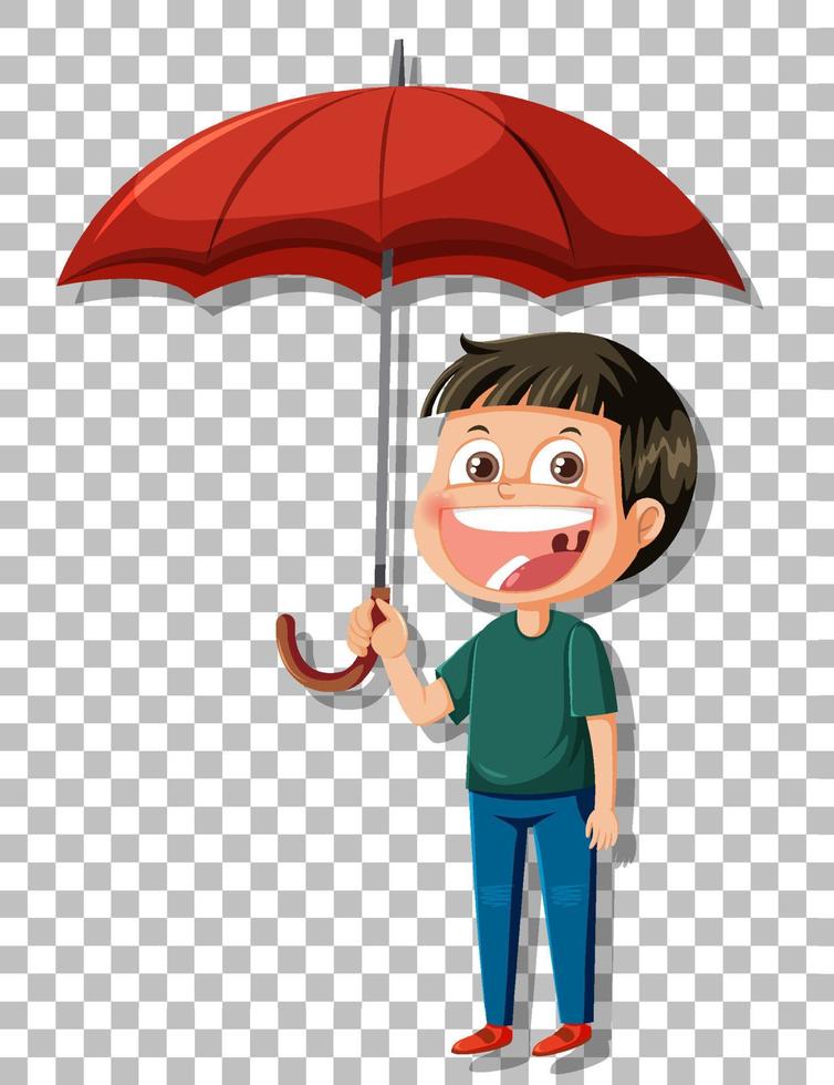 um menino segurando guarda-chuva rindo no fundo da grade vetor
