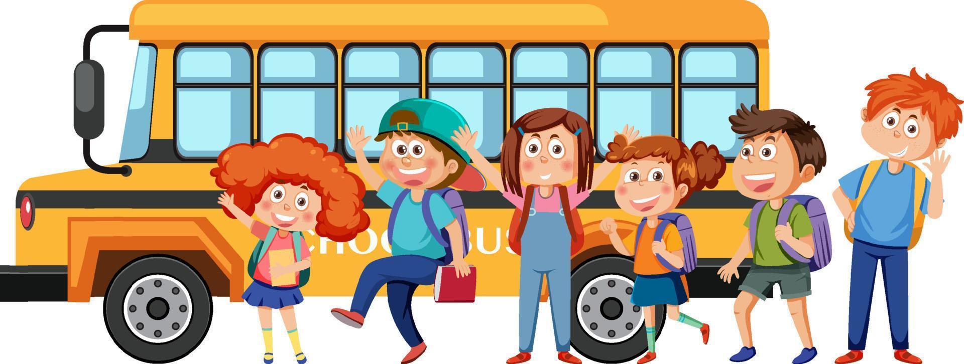 ônibus escolar com desenhos animados de alunos vetor