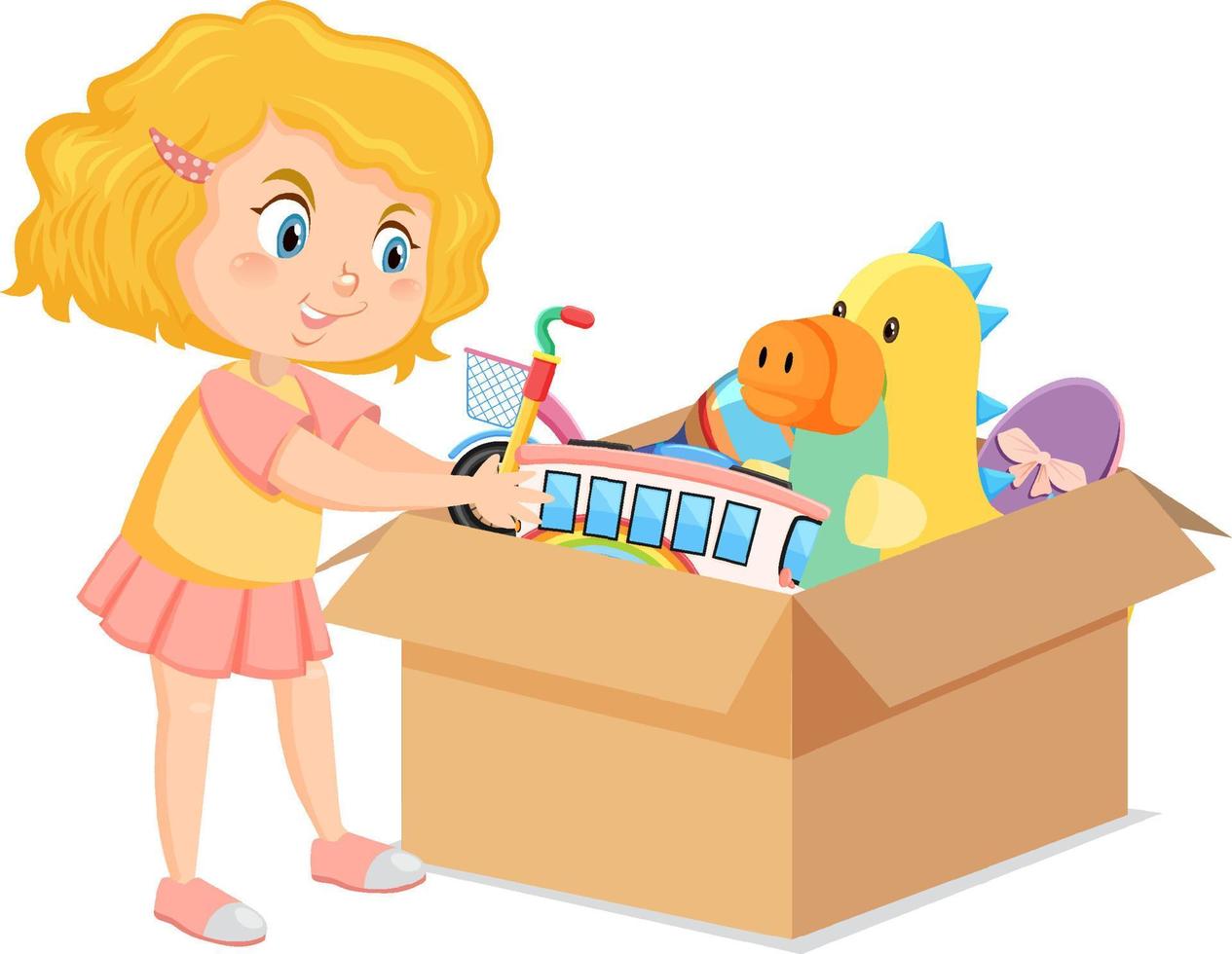 uma menina colocando seu brinquedo na caixa vetor