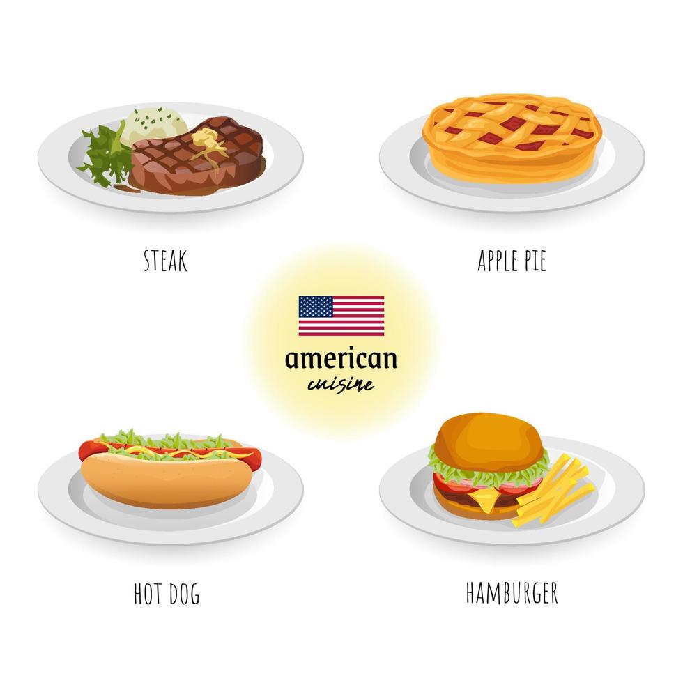 americano cozinha bife, maçã torta, quente cachorro e Hamburger dentro branco isolado fundo. Comida conceito vetor ilustração