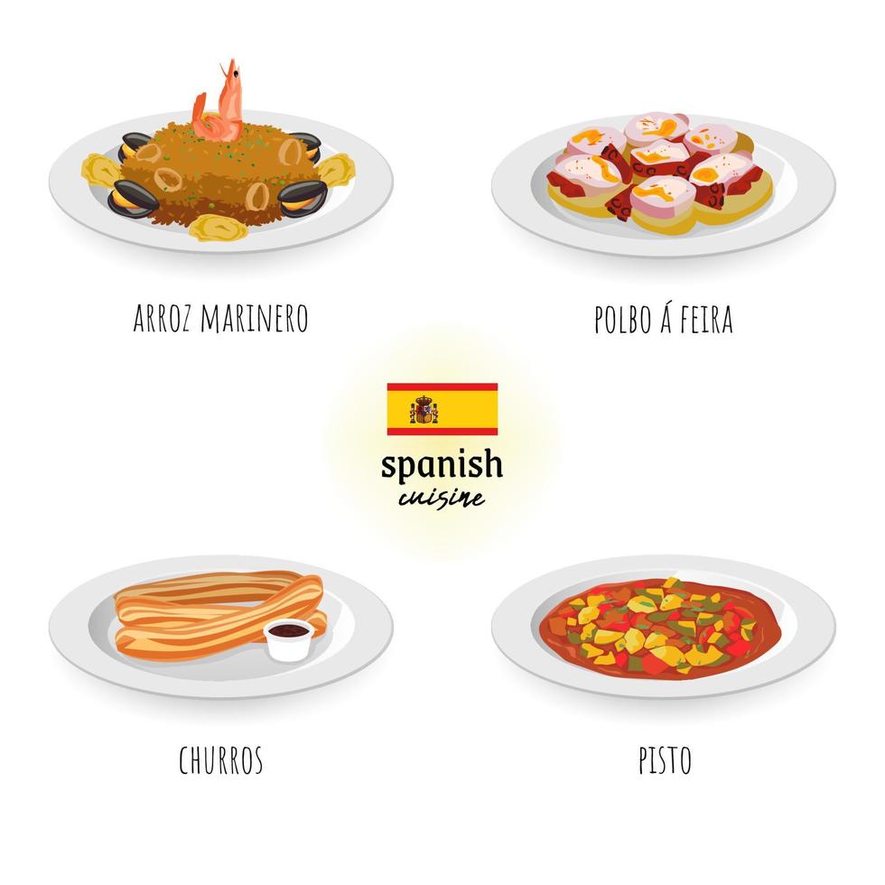 espanhol cozinha arroz marinho, polbo uma feira, churros, e pisto dentro branco isolado fundo. Comida conceito vetor ilustração