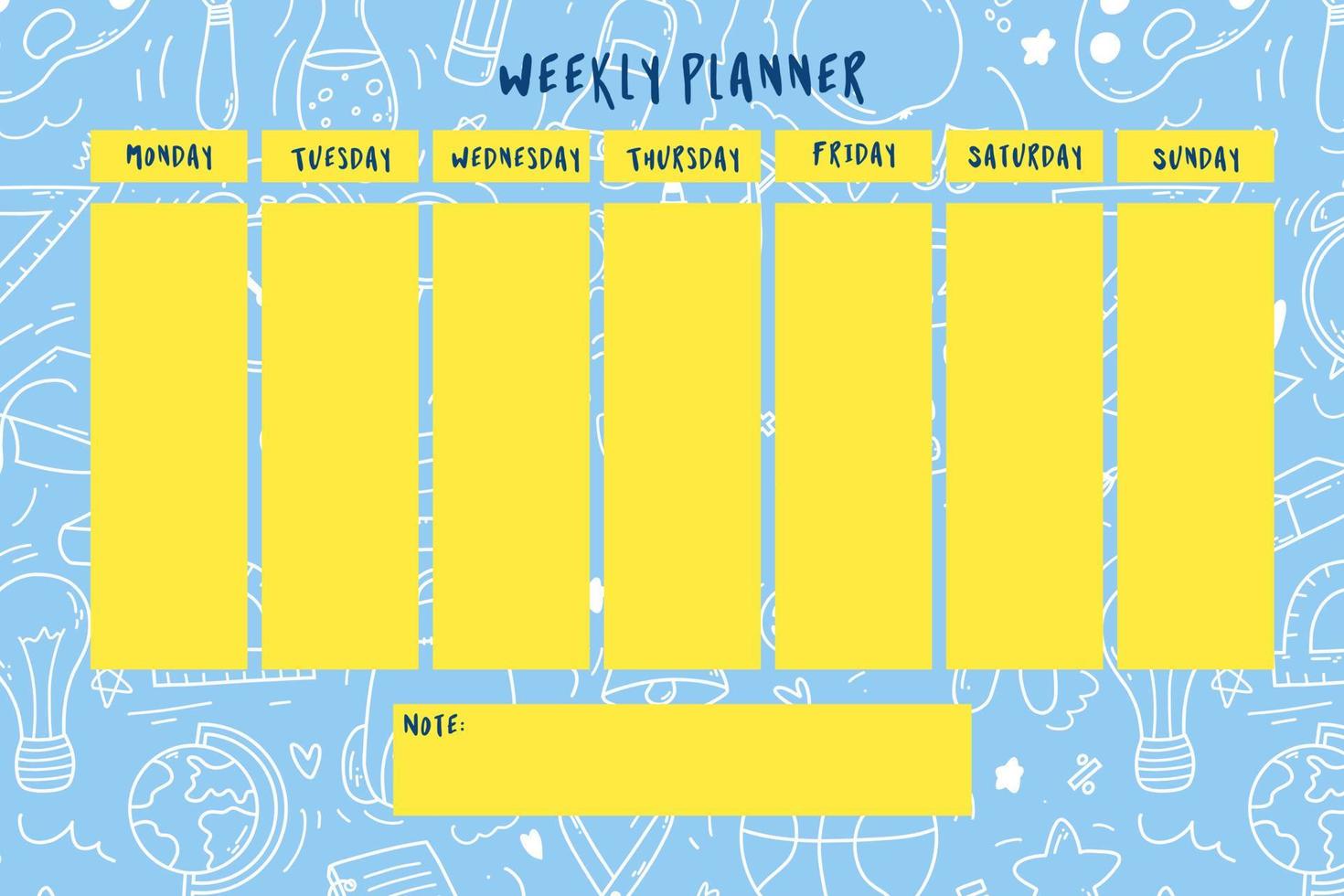 semanal planejador para crianças em rabisco azul fundo com escola suprimentos Unid. colorida vetor ilustração para estacionário, agendar, lista, escola calendário, extracurricular Atividades.