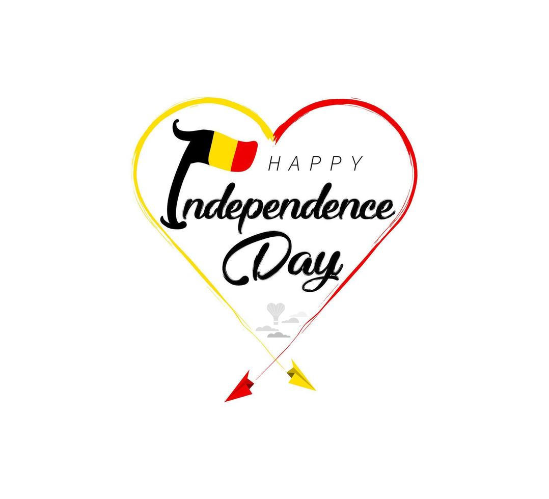 feliz independência dia do Bélgica. avião desenha nuvem a partir de coração. nacional bandeira vetor ilustração em branco fundo.