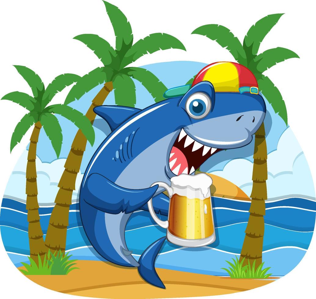 tubarão segurando o personagem de desenho animado de copo de cerveja vetor