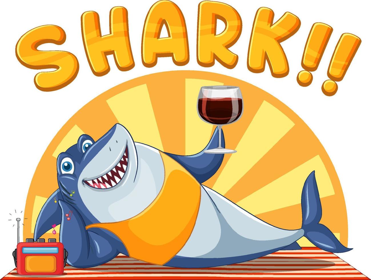 Tubarão desenho animado personagem relaxante bebendo vinho vetor