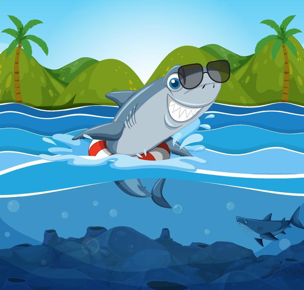 fofa Tubarão desenho animado personagem natação dentro a mar vetor