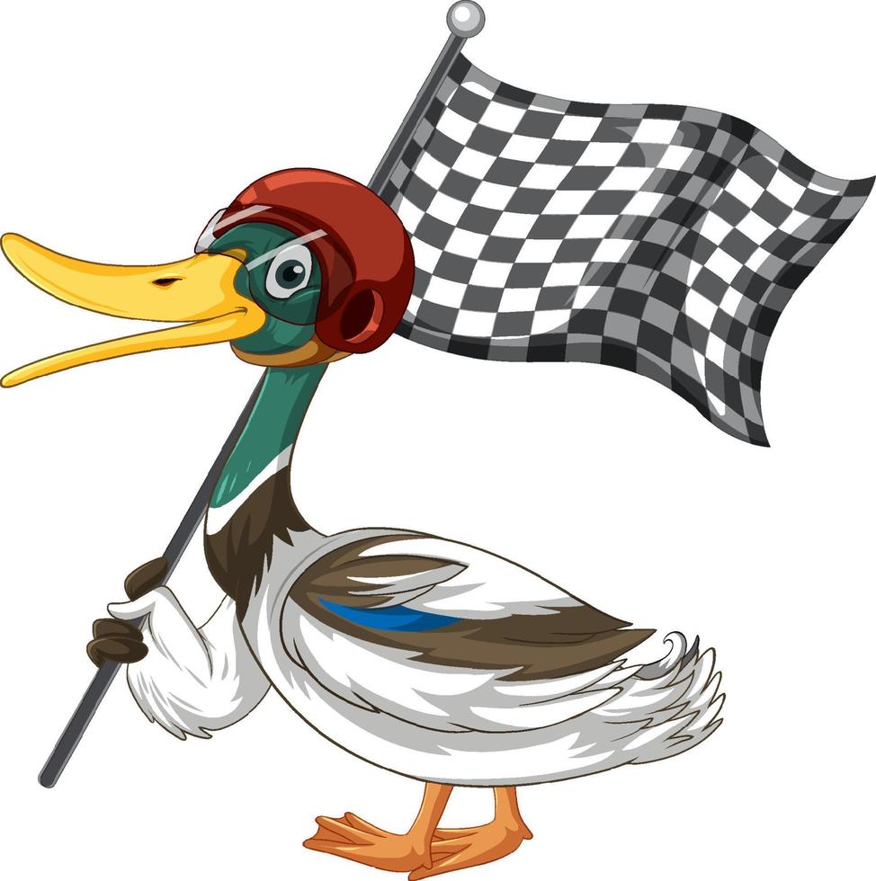 pato de desenho animado segurando bandeira de corrida vetor