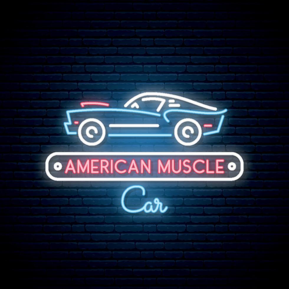 silhueta de néon do clássico muscle car americano. sinal brilhante. ícone automático. vetor