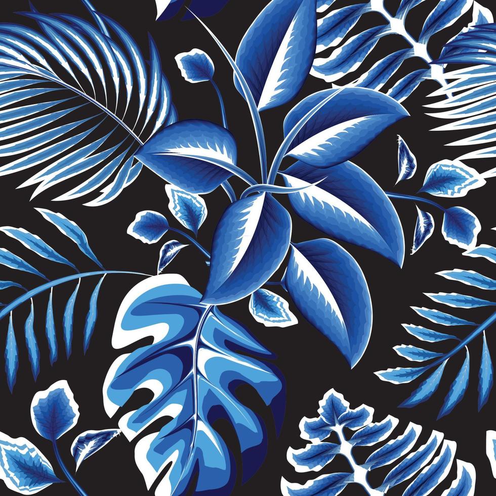 tropical brilhando azul monocromático dentro Sombrio com exótico noite selva ilustração desatado padronizar. elegante textura. folhagem fundo. verão Projeto. natureza decorativo. floresta tropical papel de parede vetor