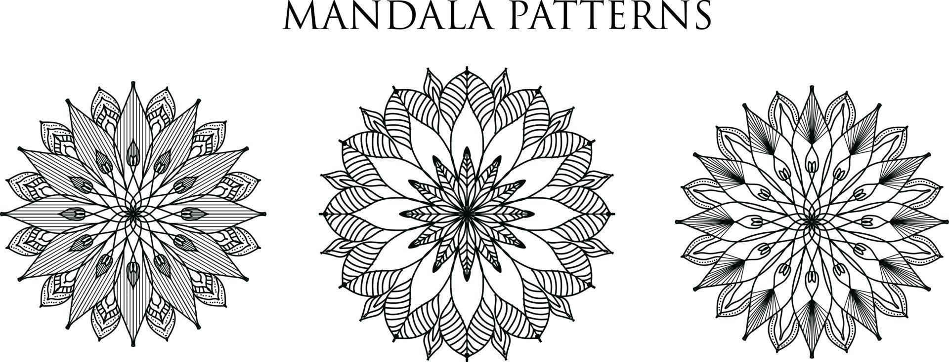 fundo de design de mandala ornamental de luxo, design de mandala, design de papel de parede de arte de livro de colorir padrão de mandala, padrão de azulejos, cartão de saudação, design de mandala definido, preto, design de mandala vetor