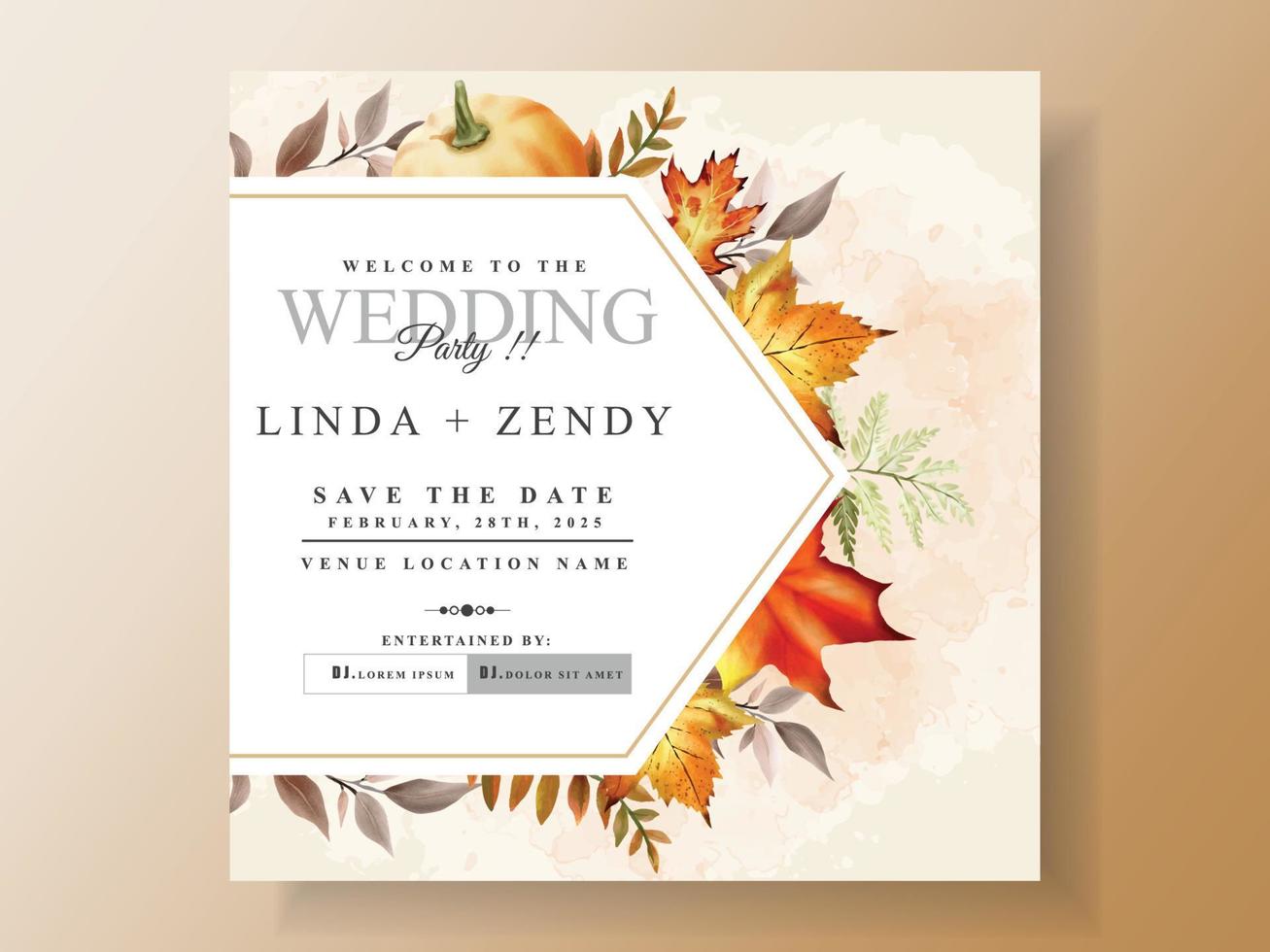 modelo de cartão de convite de casamento com folhas de outono desenhadas à mão vetor