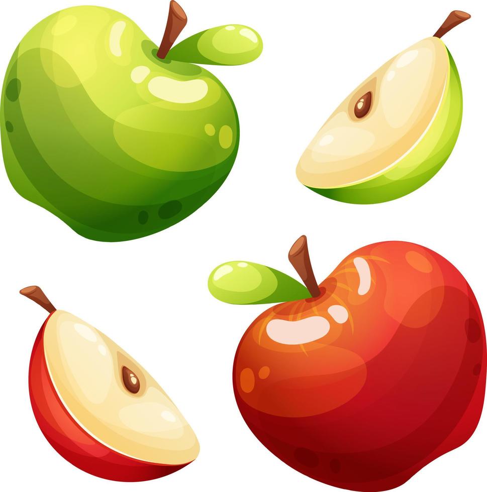 conjunto do suculento maçãs do vermelho e verde cor, todo e fatiar. verão fruta coleção vetor