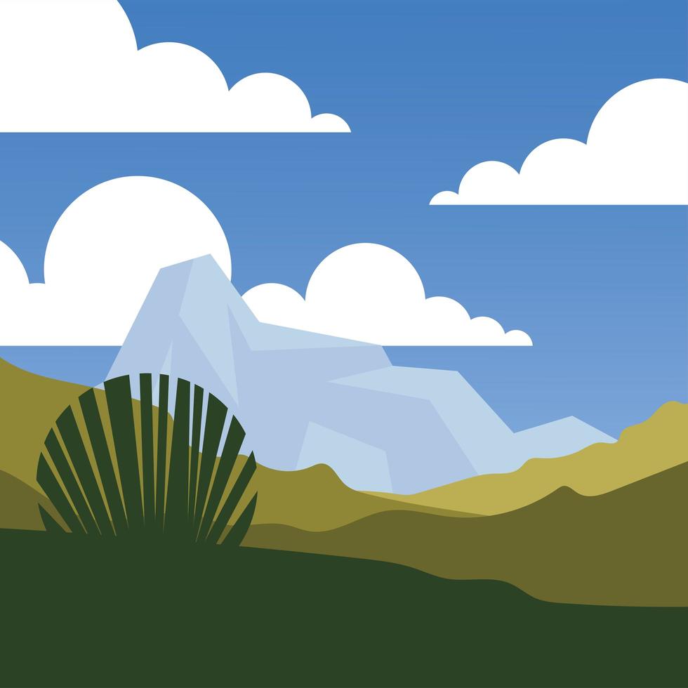 folhagem e montanha na frente de um fundo de céu azul vetor