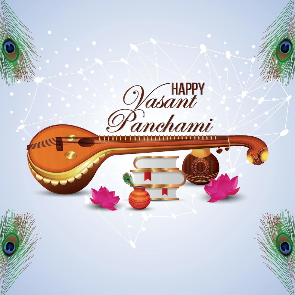 vasant panchami com saraswati veena e livros vetor