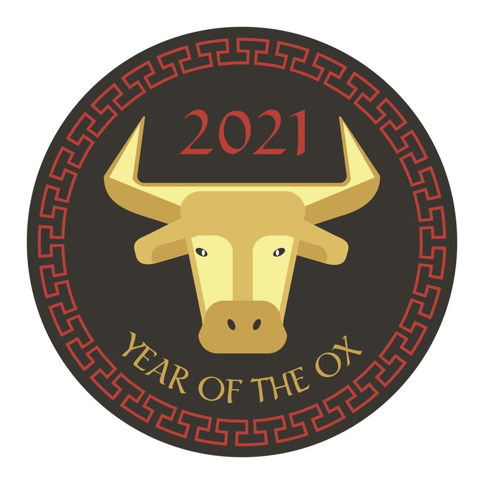 vermelho preto bronzeado 2021 ano do boi gráfico do círculo do ano novo chinês com borda em relevo vetor