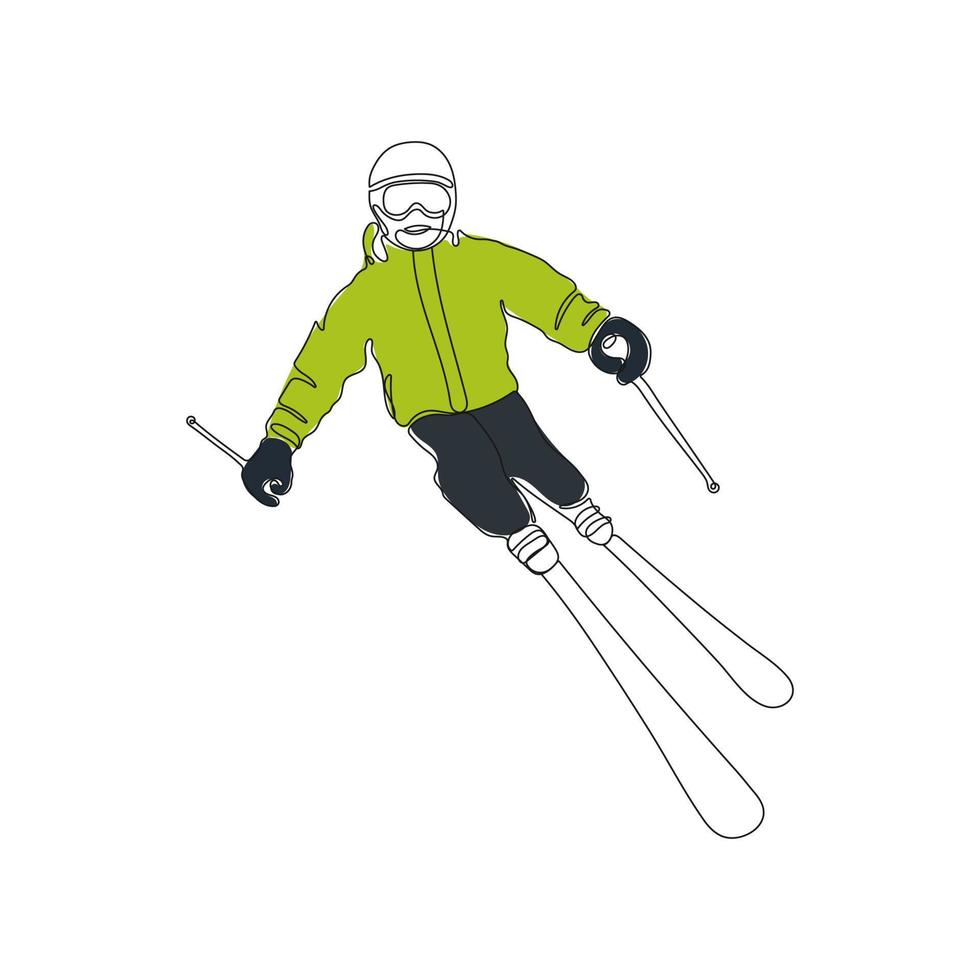 esquiador, esquiar. 1 contínuo linha arte. descida a partir de a montanha. inverno esporte e turismo conceito. mão desenhado vetor ilustração.