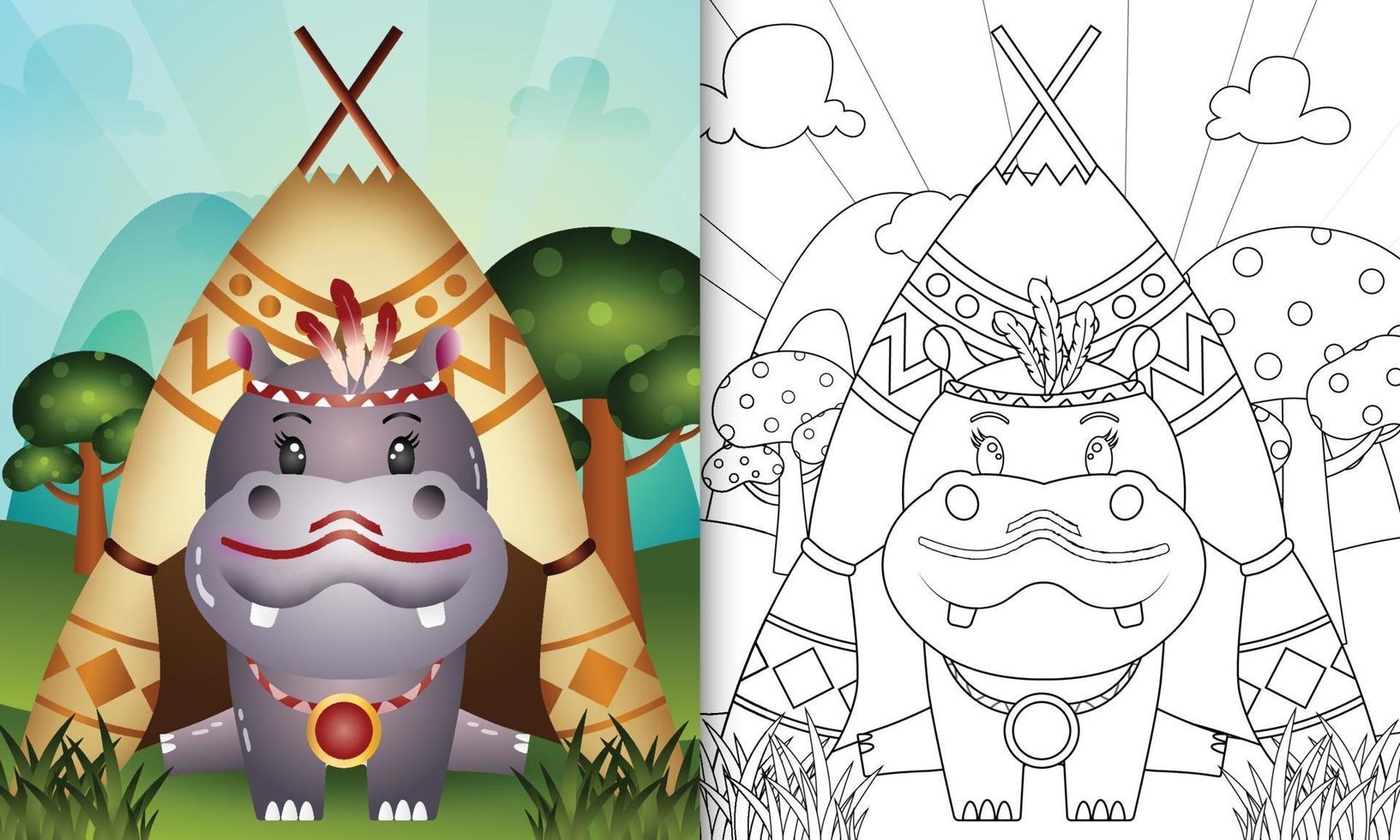 modelo de livro para colorir para crianças com uma ilustração de um hipopótamo boho tribal fofo vetor