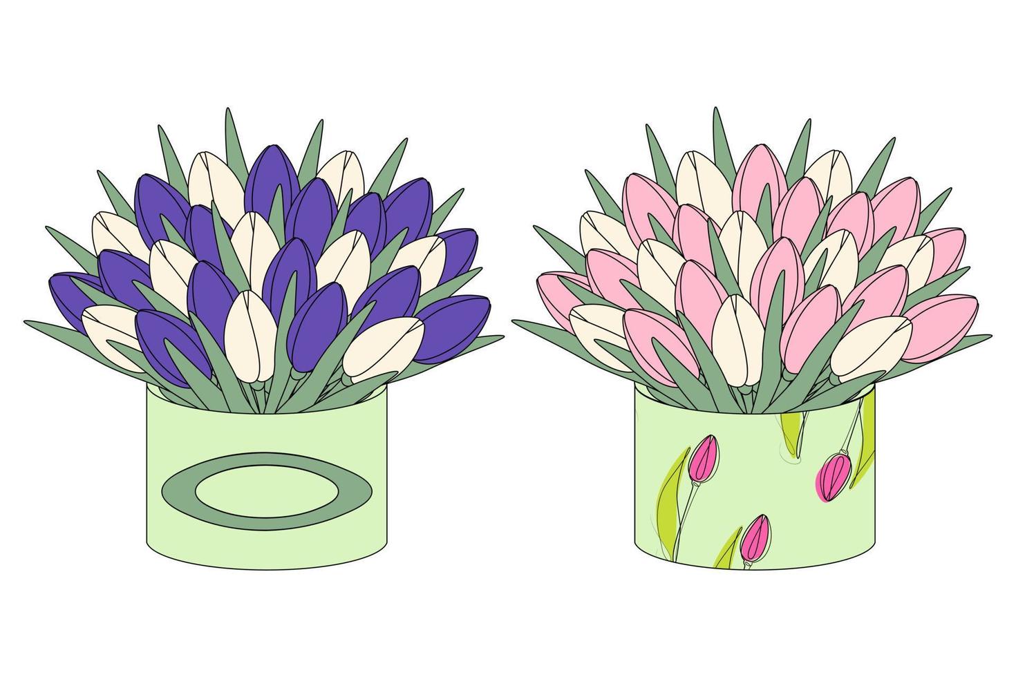 conjunto do 2 adorável ramalhete para celebração do colorida tulipas dentro caixa dentro desenho animado estilo dentro na moda tons vetor