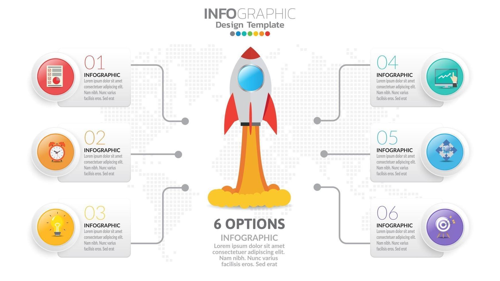 Infografia de inicialização de 6 etapas com lançamento de foguete. conceito de negócios e finanças. vetor