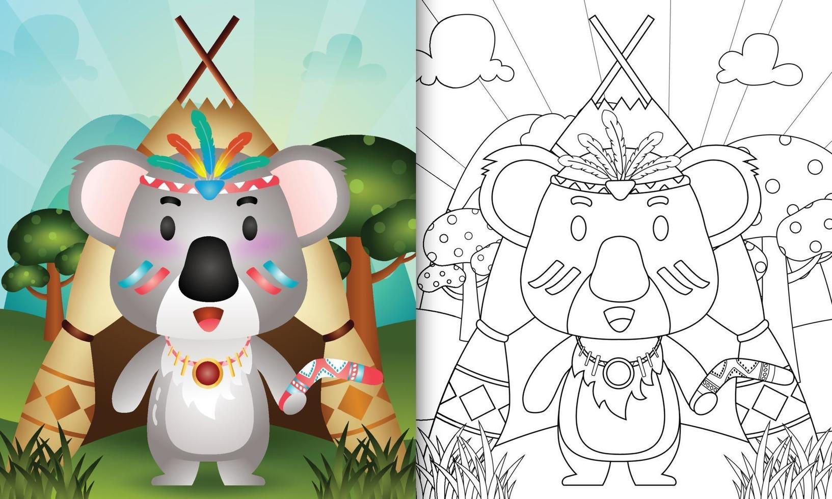 modelo de livro para colorir para crianças com uma ilustração de um bonito personagem tribal boho coala vetor