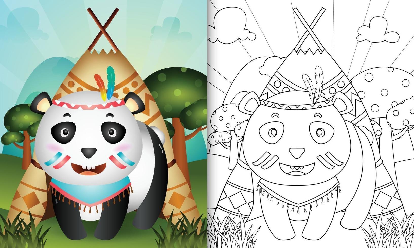 modelo de livro para colorir para crianças com uma ilustração de um bonito personagem tribal boho panda vetor