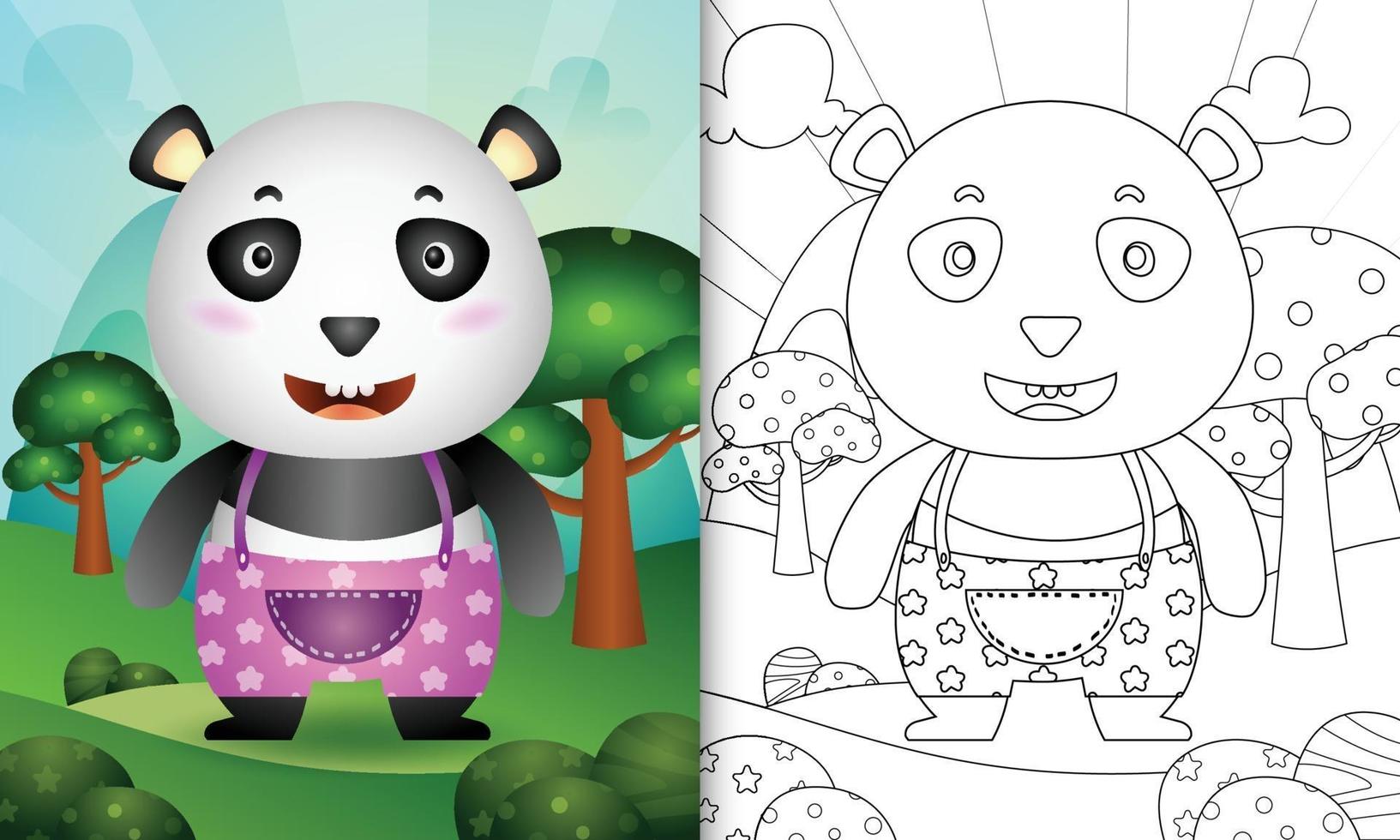 modelo de livro para colorir para crianças com uma ilustração do personagem panda fofo vetor
