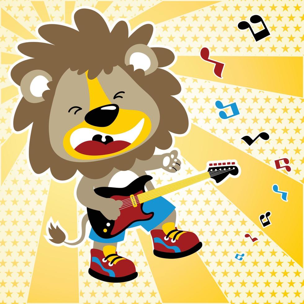 engraçado leão jogando elétrico guitarra, roqueiro desempenho, vetor desenho animado ilustração